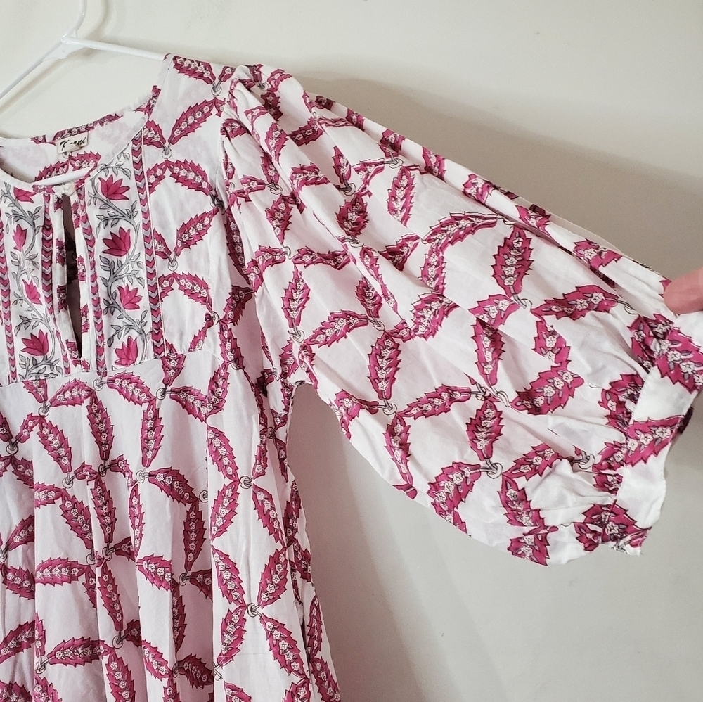 Karni Floral BoHo Cottagecore Maxi Dress Size Small White Pink Pockets - Picture 3 of 10